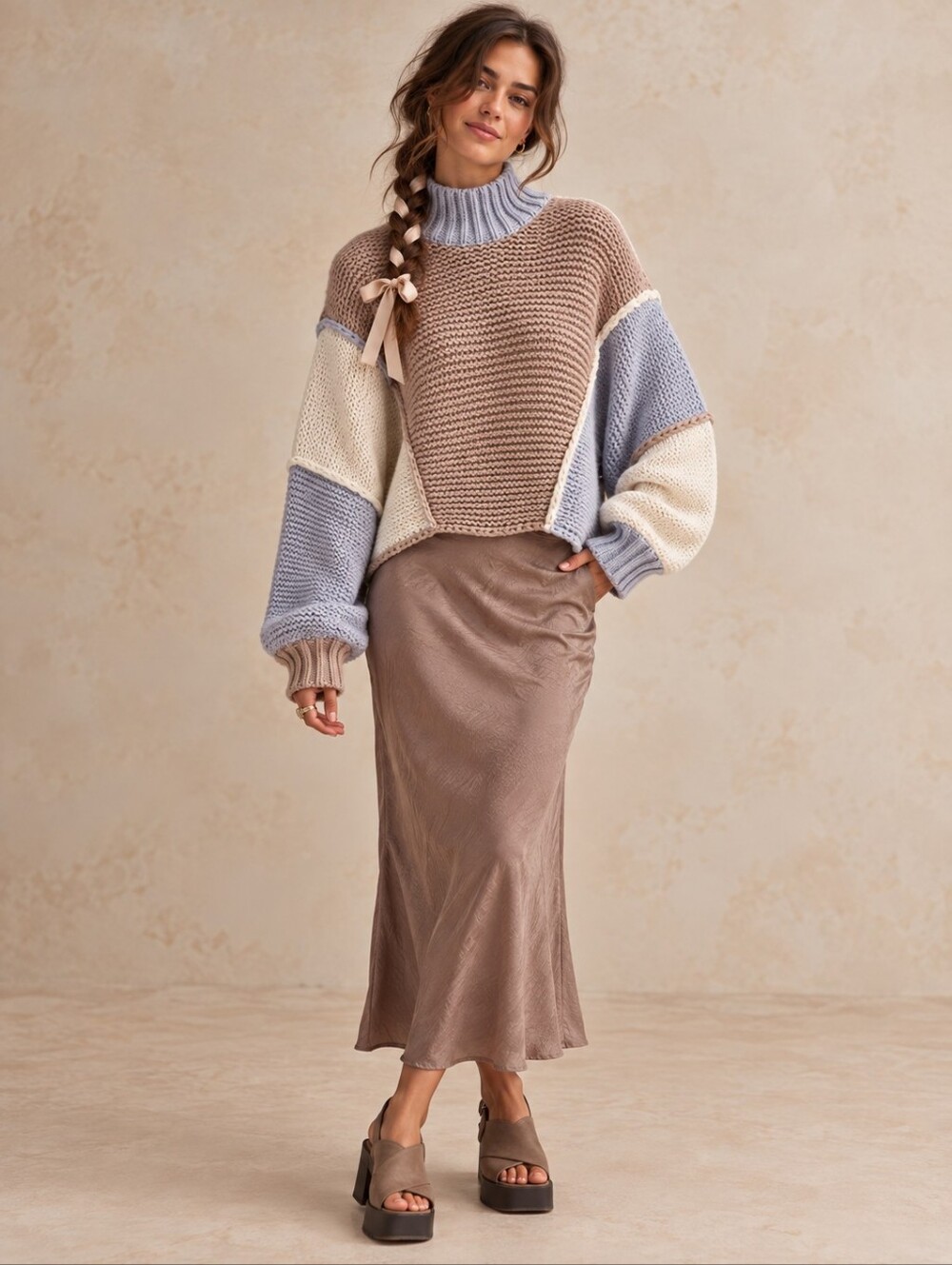 LE LIS CHUNKY COLORBLOCK OVERSIZED DOLMAN TURTLENECK SWEATER LARGE COTTAGECORE